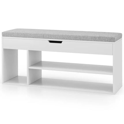 Padded Seat Shoe Bench with Hidden Storage and 3 Open Shelves-White - White - Shoe Racks & Storage Benches