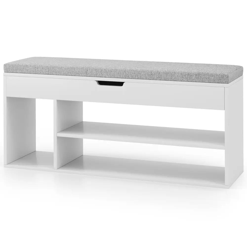 Padded Seat Shoe Bench with Hidden Storage and 3 Open Shelves-White - White - Shoe Racks & Storage Benches