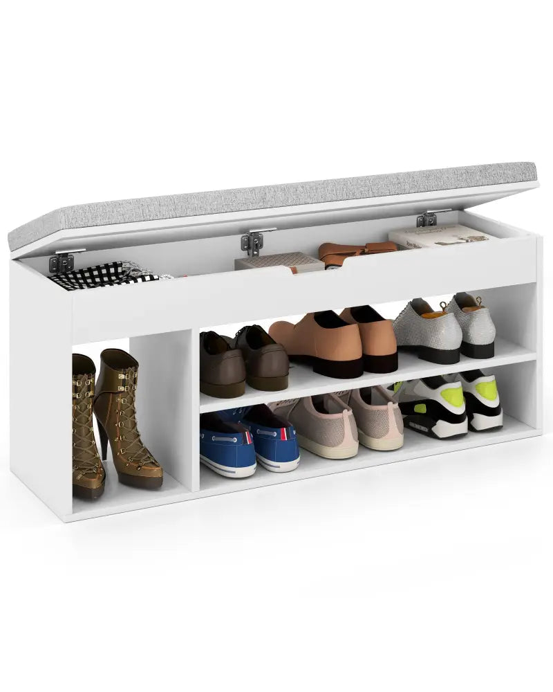 Padded Seat Shoe Bench with Hidden Storage and 3 Open Shelves-White - White - Shoe Racks & Storage Benches