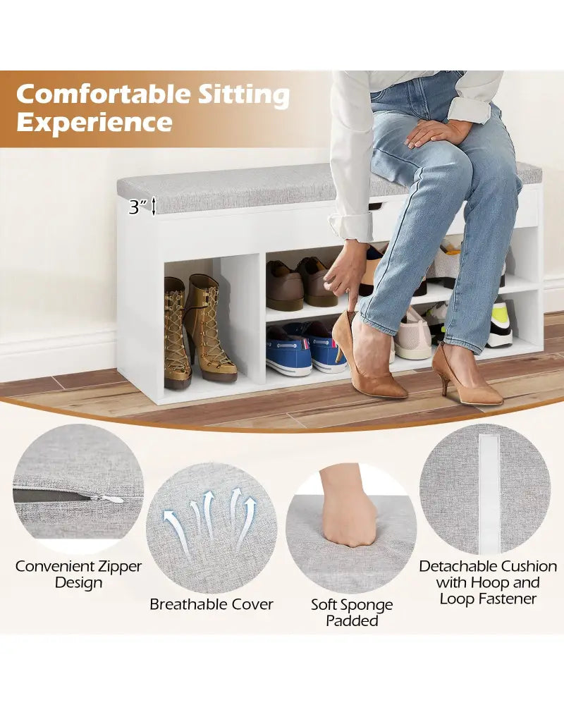 Padded Seat Shoe Bench with Hidden Storage and 3 Open Shelves-White - White - Shoe Racks & Storage Benches