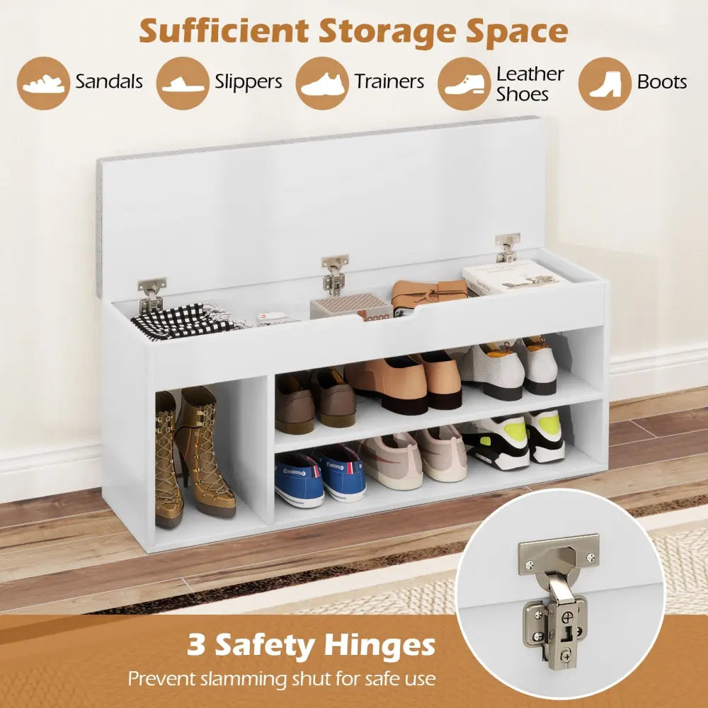 Padded Seat Shoe Bench with Hidden Storage and 3 Open Shelves-White - White - Shoe Racks & Storage Benches