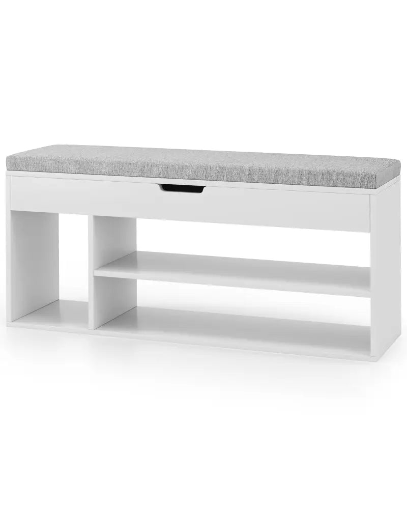 Padded Seat Shoe Bench with Hidden Storage and 3 Open Shelves-White - White - Shoe Racks & Storage Benches