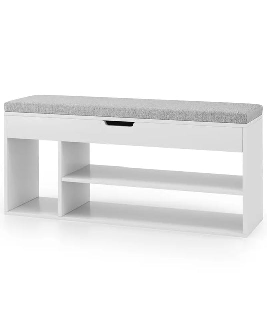 Padded Seat Shoe Bench with Hidden Storage and 3 Open Shelves-White - White - Shoe Racks & Storage Benches