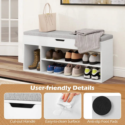 Padded Seat Shoe Bench with Hidden Storage and 3 Open Shelves-White - White - Shoe Racks & Storage Benches