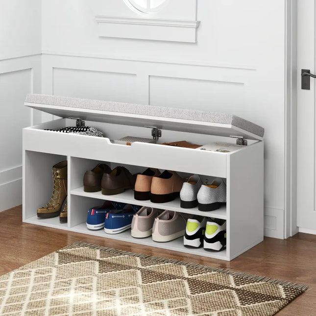 Padded Seat Shoe Bench with Hidden Storage and 3 Open Shelves-White - White - Shoe Racks & Storage Benches