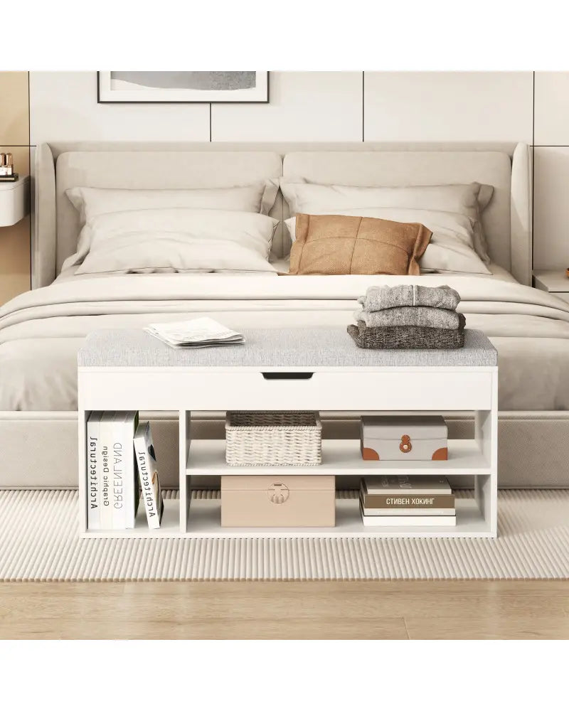 Padded Seat Shoe Bench with Hidden Storage and 3 Open Shelves-White - White - Shoe Racks & Storage Benches