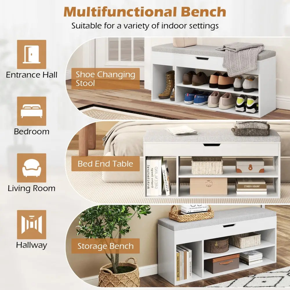 Padded Seat Shoe Bench with Hidden Storage and 3 Open Shelves-White - White - Shoe Racks & Storage Benches