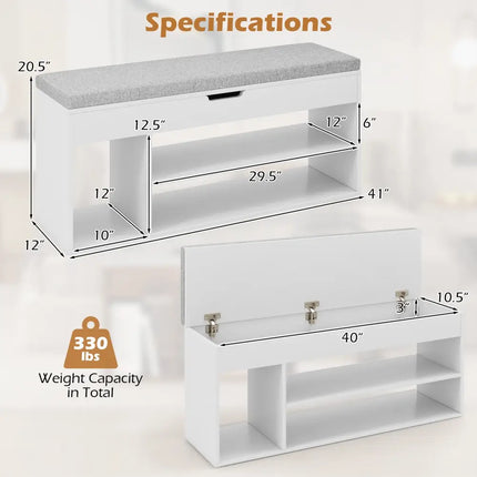 Padded Seat Shoe Bench with Hidden Storage and 3 Open Shelves-White - White - Shoe Racks & Storage Benches