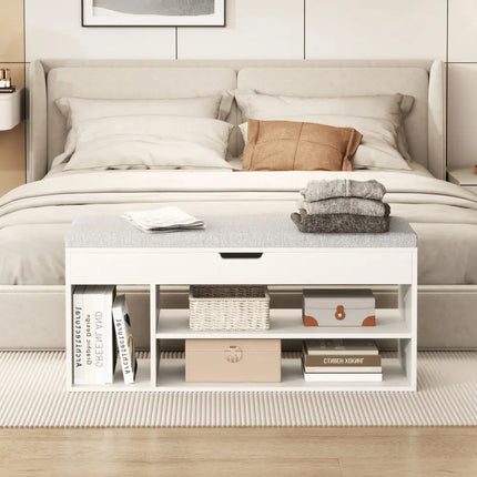 Padded Seat Shoe Bench with Hidden Storage and 3 Open Shelves-White - White - Shoe Racks & Storage Benches