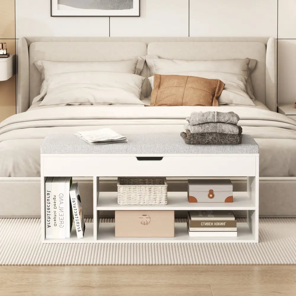 Padded Seat Shoe Bench with Hidden Storage and 3 Open Shelves-White - White - Shoe Racks & Storage Benches
