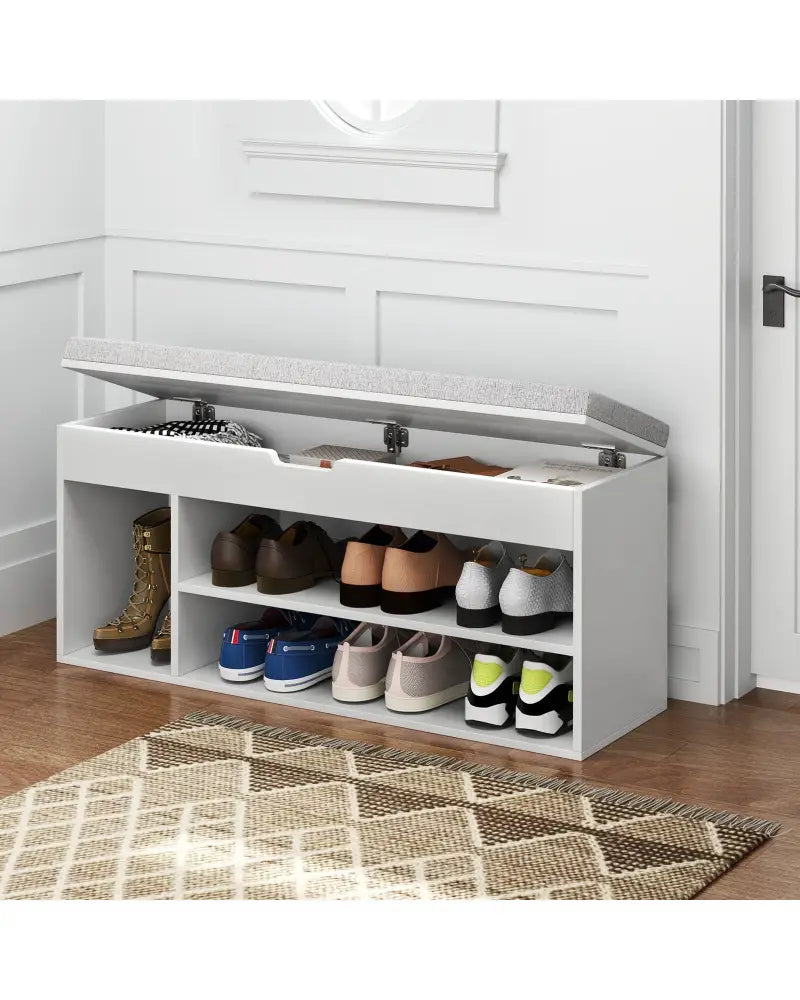 Padded Seat Shoe Bench with Hidden Storage and 3 Open Shelves-White - White - Shoe Racks & Storage Benches