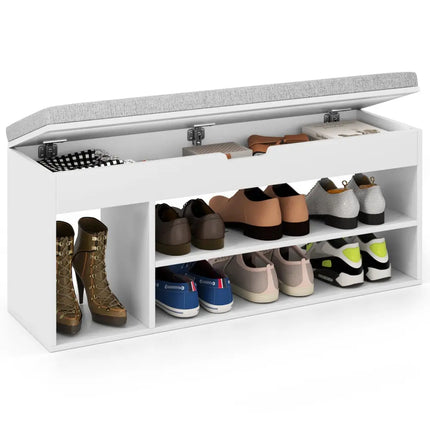 Padded Seat Shoe Bench with Hidden Storage and 3 Open Shelves-White - White - Shoe Racks & Storage Benches