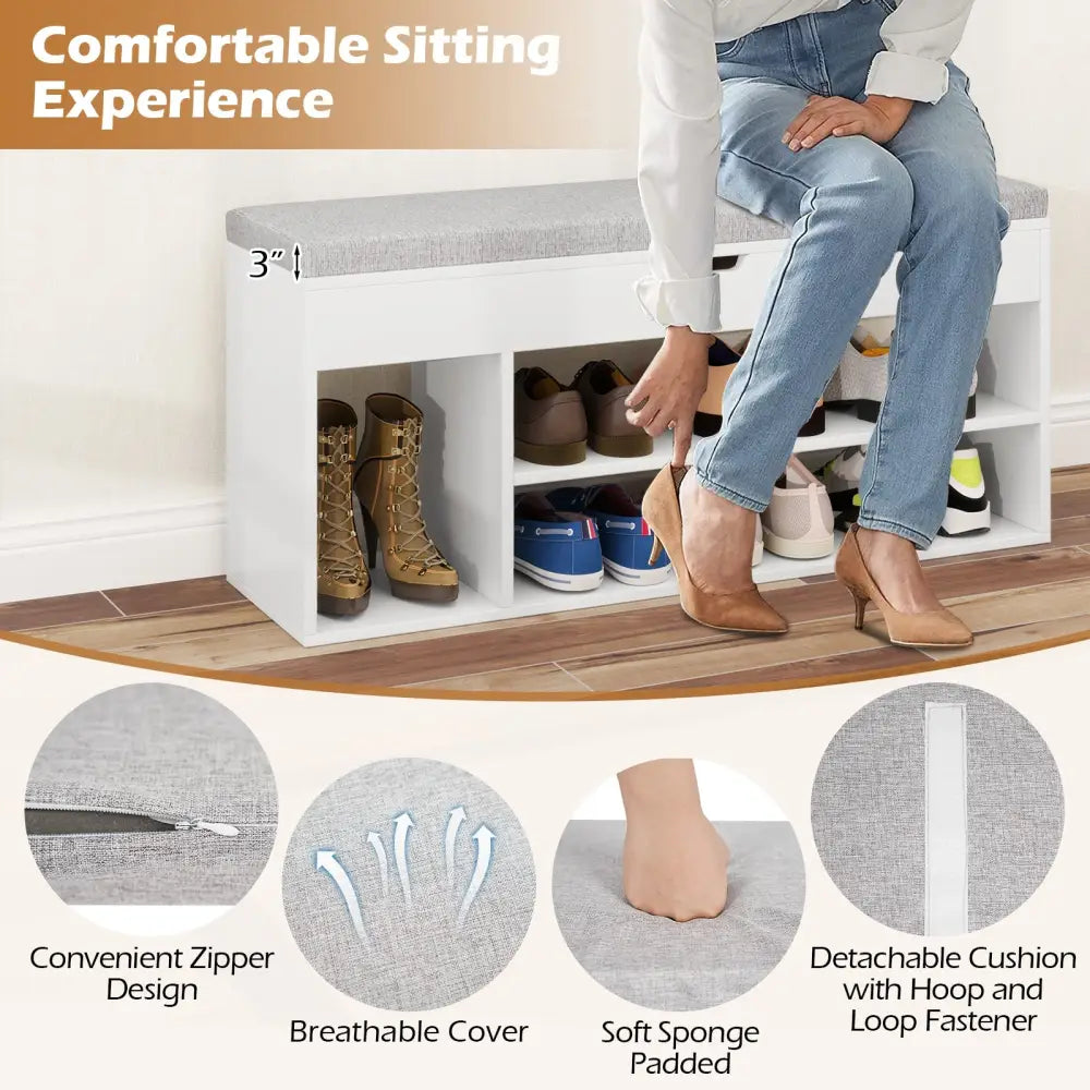 Padded Seat Shoe Bench with Hidden Storage and 3 Open Shelves-White - White - Shoe Racks & Storage Benches