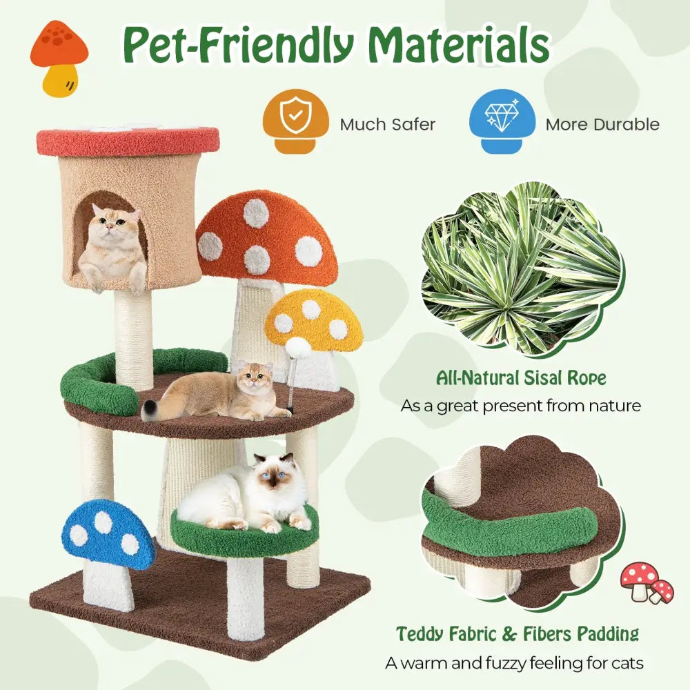 Patended 4-In-1 Mushroom Cat Tree with Condo Spring Ball and Sisal Posts-Multicolor - Multicolor - Cat Trees Condos &