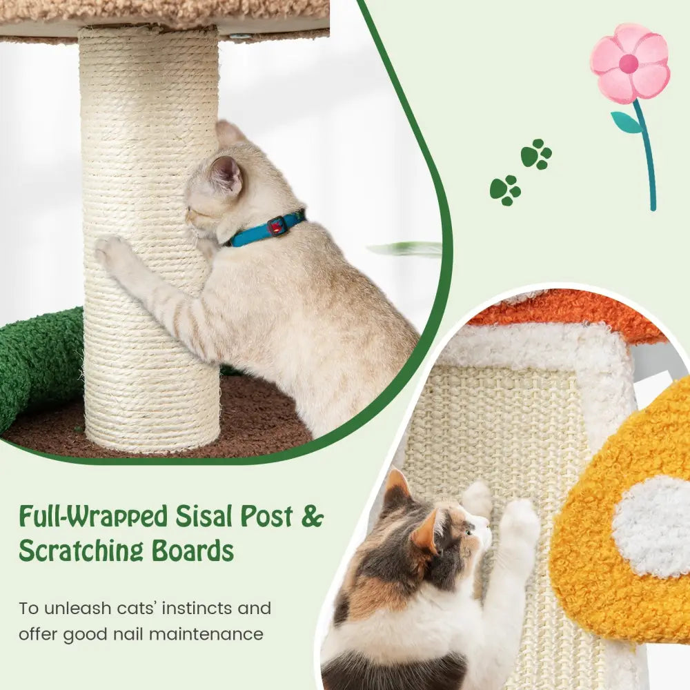Patended 4-In-1 Mushroom Cat Tree with Condo Spring Ball and Sisal Posts-Multicolor - Multicolor - Cat Trees Condos &