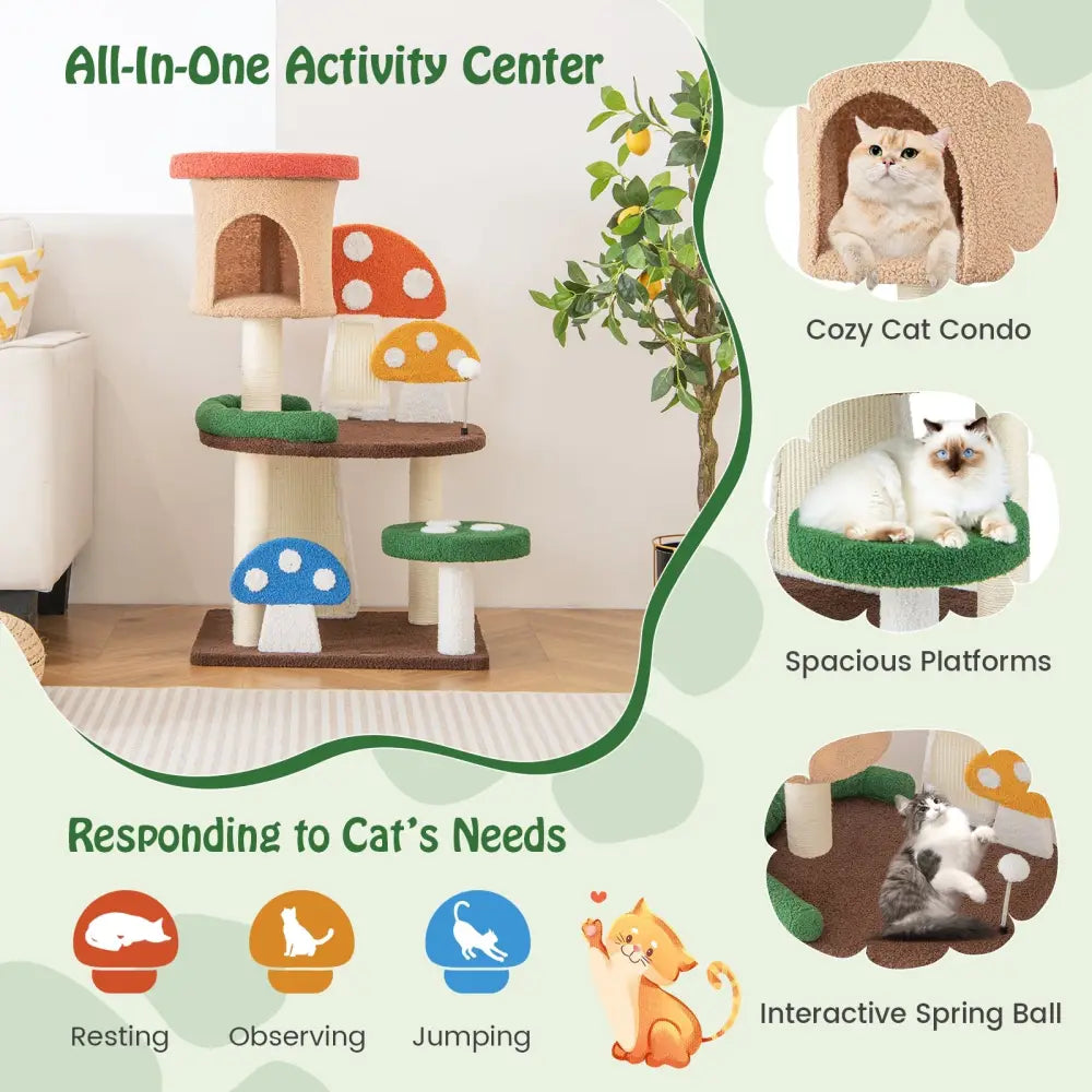 Patended 4-In-1 Mushroom Cat Tree with Condo Spring Ball and Sisal Posts-Multicolor - Multicolor - Cat Trees Condos &