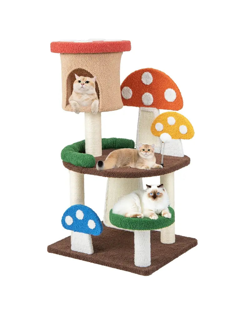 Patended 4-In-1 Mushroom Cat Tree with Condo Spring Ball and Sisal Posts-Multicolor - Multicolor - Cat Trees Condos &