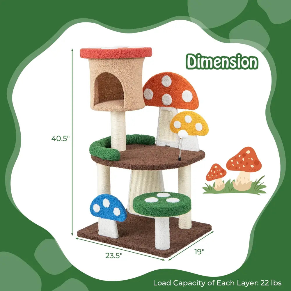 Patended 4-In-1 Mushroom Cat Tree with Condo Spring Ball and Sisal Posts-Multicolor - Multicolor - Cat Trees Condos &