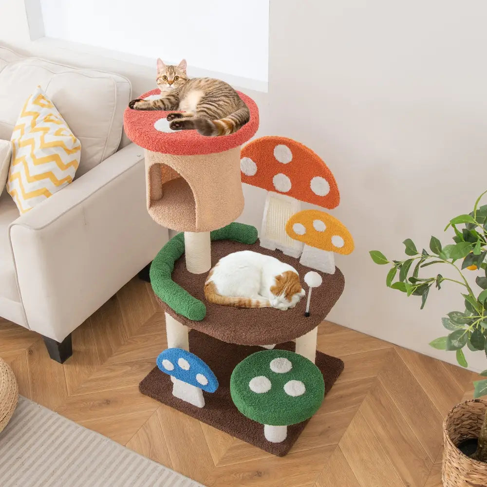 Patended 4-In-1 Mushroom Cat Tree with Condo Spring Ball and Sisal Posts-Multicolor - Multicolor - Cat Trees Condos &