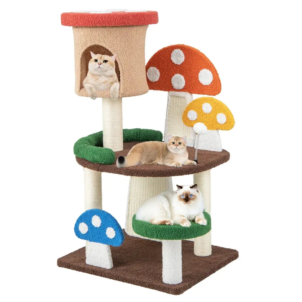 Patended 4-In-1 Mushroom Cat Tree with Condo Spring Ball and Sisal Posts-Multicolor - Multicolor - Cat Trees Condos &