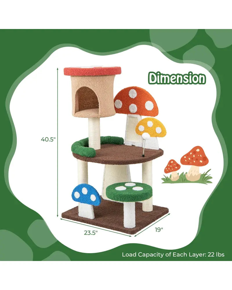 Patended 4-In-1 Mushroom Cat Tree with Condo Spring Ball and Sisal Posts-Multicolor - Multicolor - Cat Trees Condos &