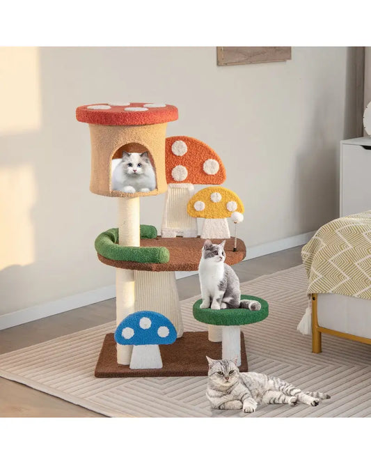 Patended 4-In-1 Mushroom Cat Tree with Condo Spring Ball and Sisal Posts-Multicolor - Multicolor - Cat Trees Condos &