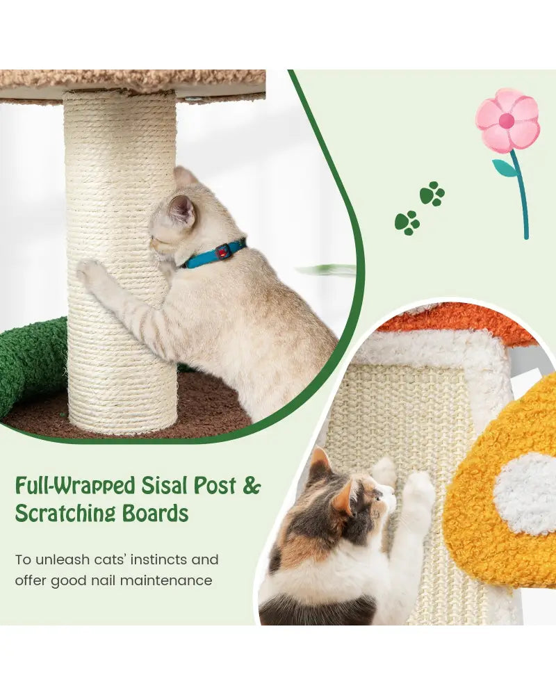 Patended 4-In-1 Mushroom Cat Tree with Condo Spring Ball and Sisal Posts-Multicolor - Multicolor - Cat Trees Condos &