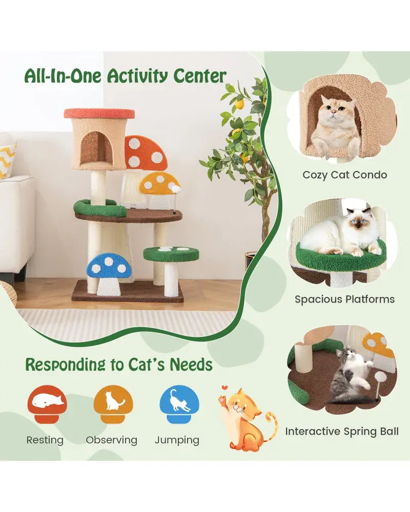 Patended 4-In-1 Mushroom Cat Tree with Condo Spring Ball and Sisal Posts-Multicolor - Multicolor - Cat Trees Condos &