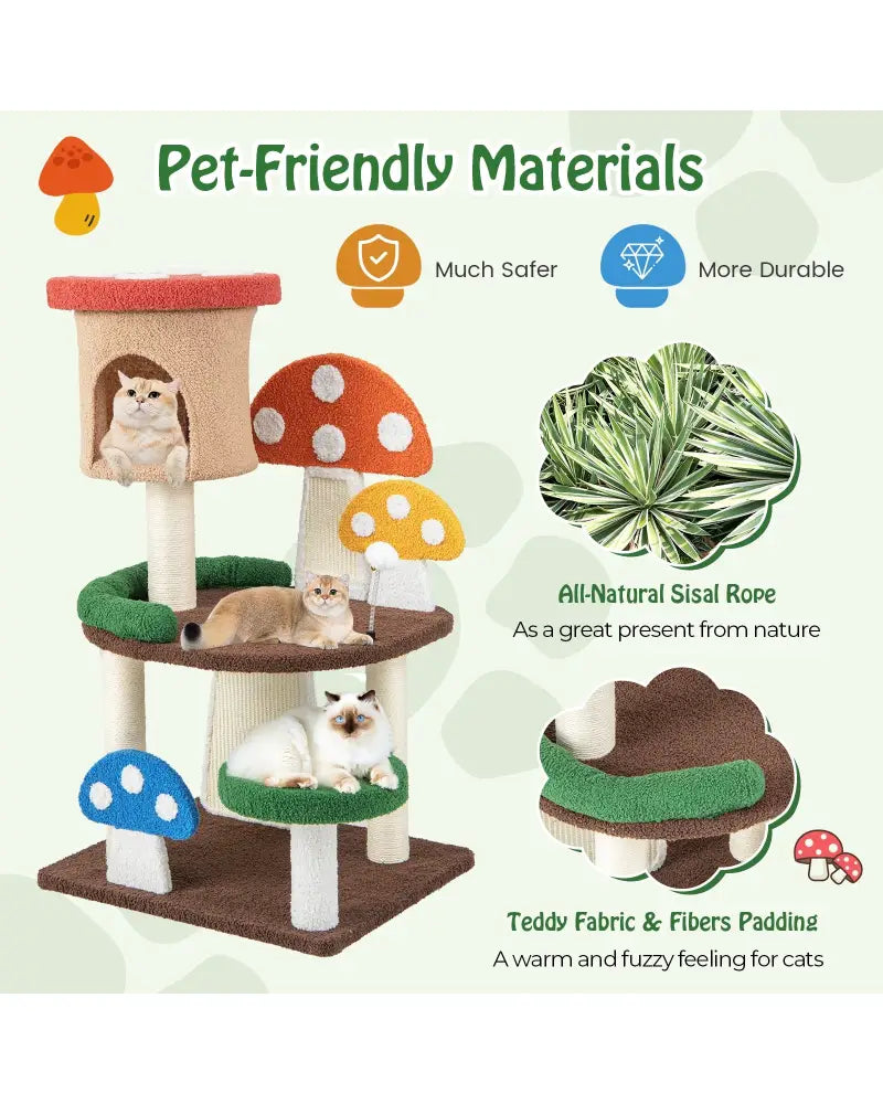 Patended 4-In-1 Mushroom Cat Tree with Condo Spring Ball and Sisal Posts-Multicolor - Multicolor - Cat Trees Condos &