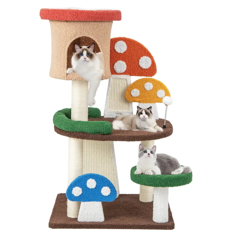 Patended 4-In-1 Mushroom Cat Tree with Condo Spring Ball and Sisal Posts-Multicolor - Multicolor - Cat Trees Condos &