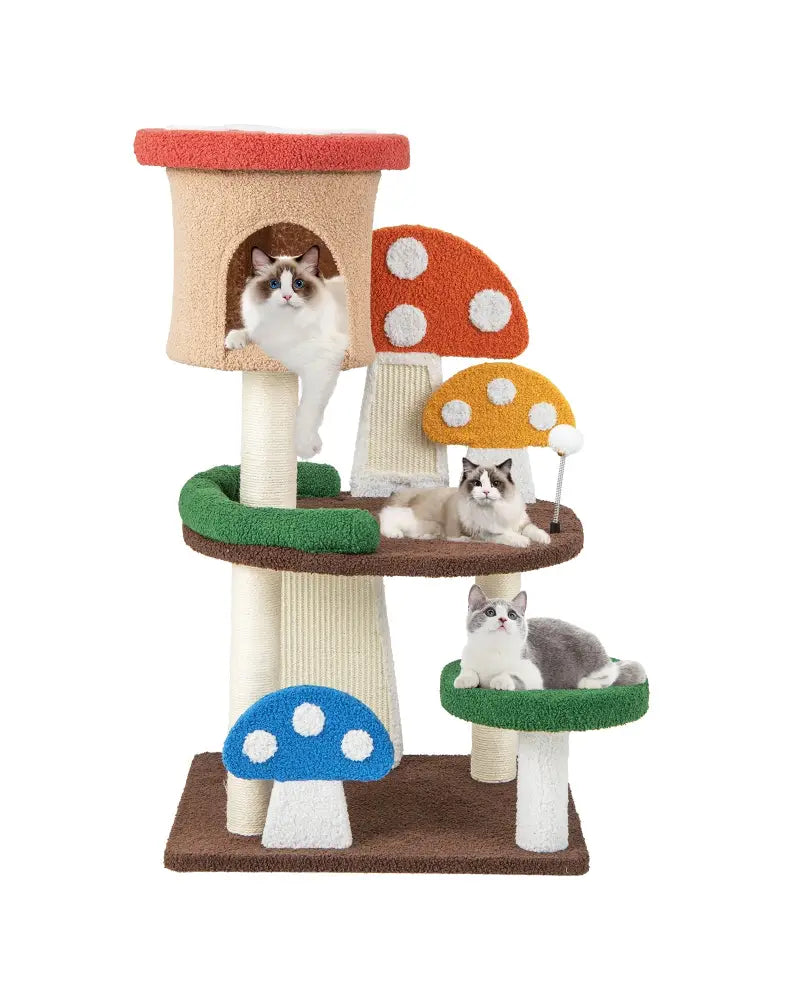 Patended 4-In-1 Mushroom Cat Tree with Condo Spring Ball and Sisal Posts-Multicolor - Multicolor - Cat Trees Condos &