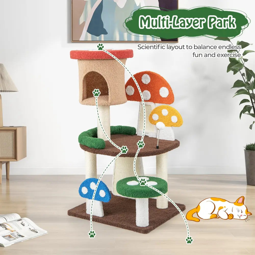 Patended 4-In-1 Mushroom Cat Tree with Condo Spring Ball and Sisal Posts-Multicolor - Multicolor - Cat Trees Condos &