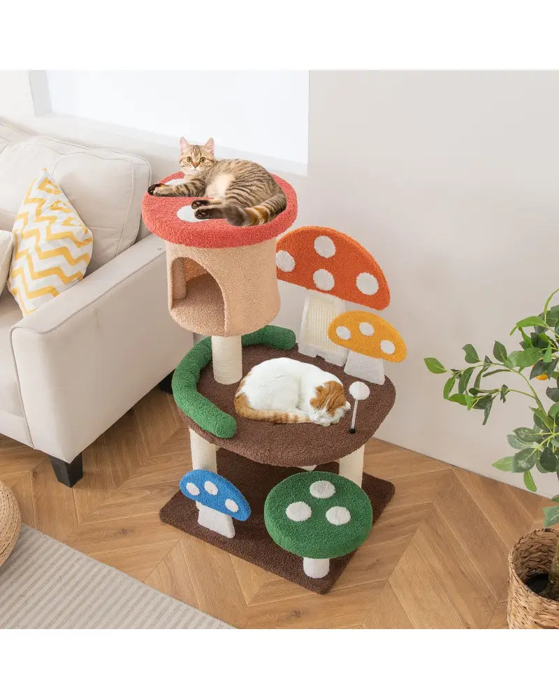 Patended 4-In-1 Mushroom Cat Tree with Condo Spring Ball and Sisal Posts-Multicolor - Multicolor - Cat Trees Condos &