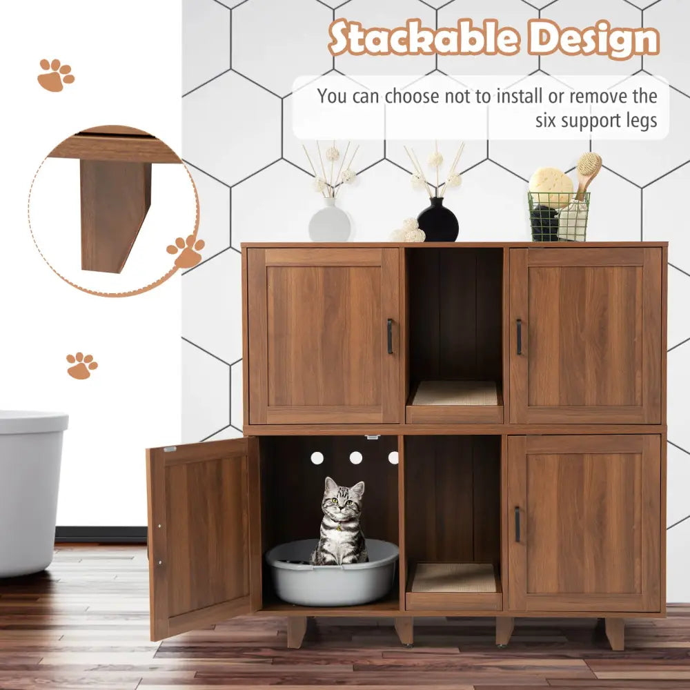 Patented 2-Door Cat Litter Box Enclosure with Winding Entry and Scratching Board-Brown - Brown - Cat Houses