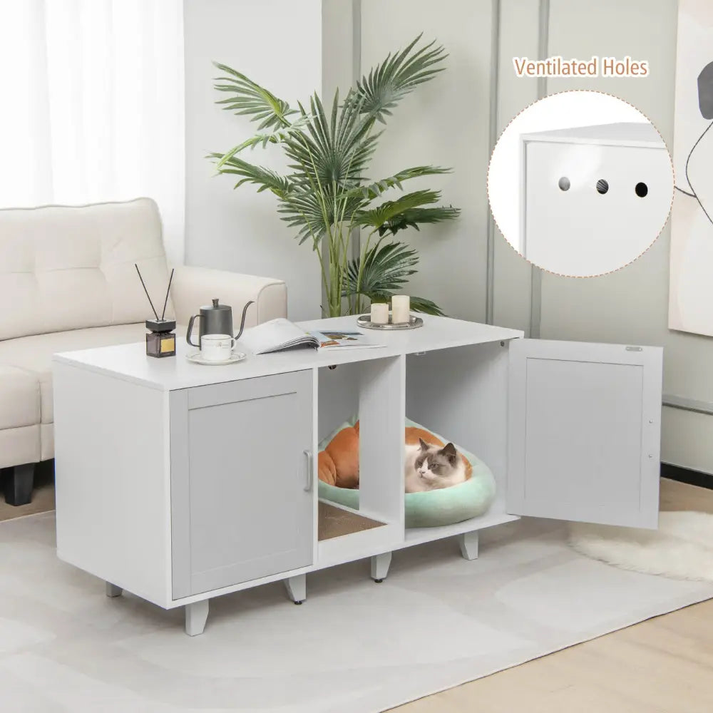 Patented 2-Door Cat Litter Box Enclosure with Winding Entry and Scratching Board-Gray - Gray - Cat Houses