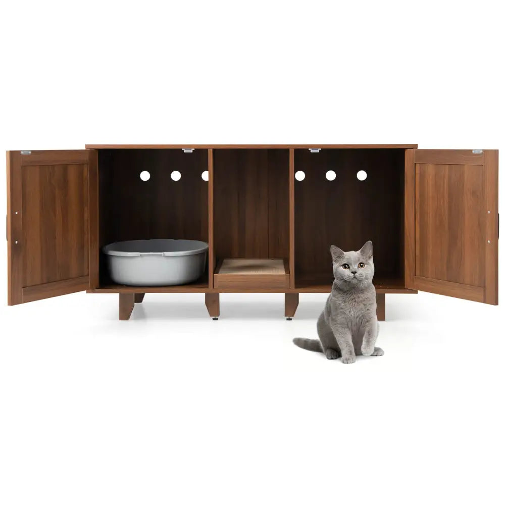Patented 2-Door Cat Litter Box Enclosure with Winding Entry and Scratching Board-Brown - Brown - Cat Houses