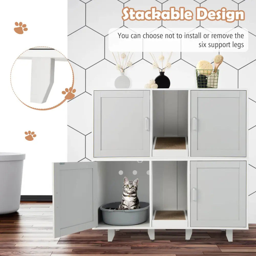 Patented 2-Door Cat Litter Box Enclosure with Winding Entry and Scratching Board-Gray - Gray - Cat Houses