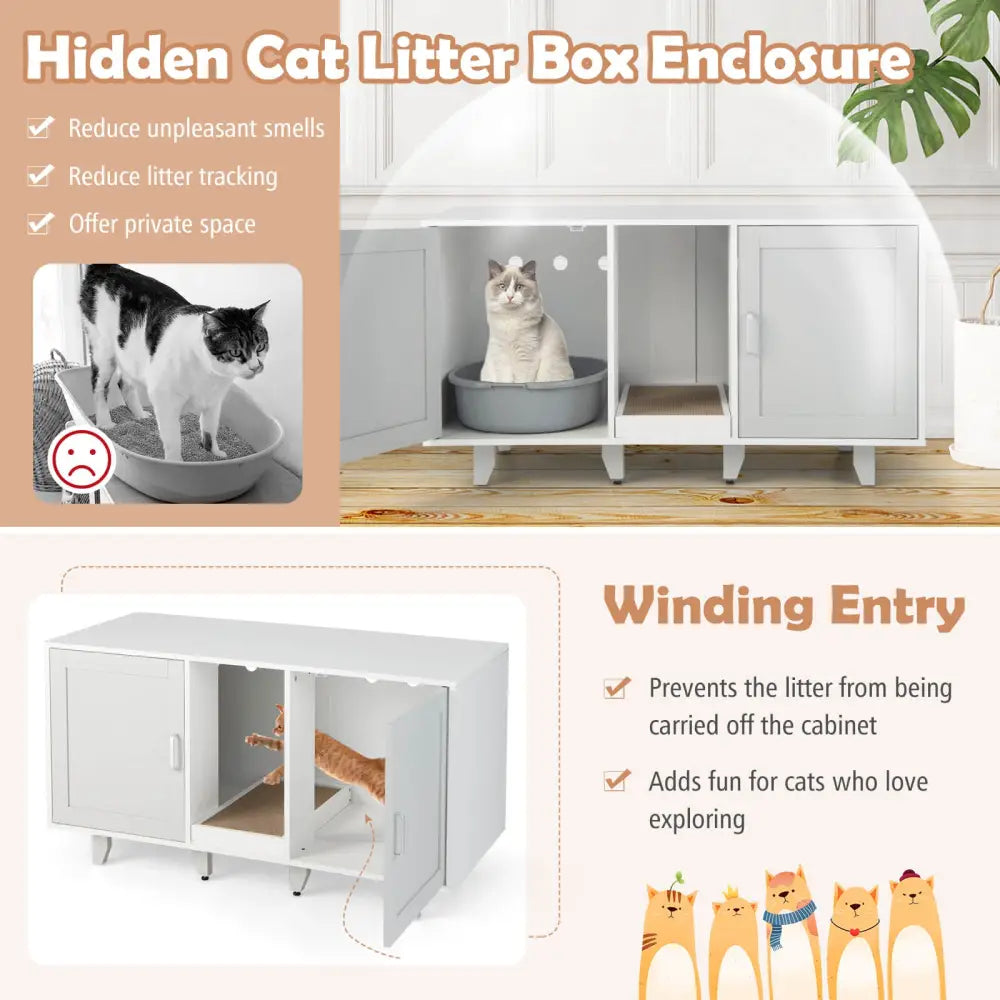 Patented 2-Door Cat Litter Box Enclosure with Winding Entry and Scratching Board-Gray - Gray - Cat Houses
