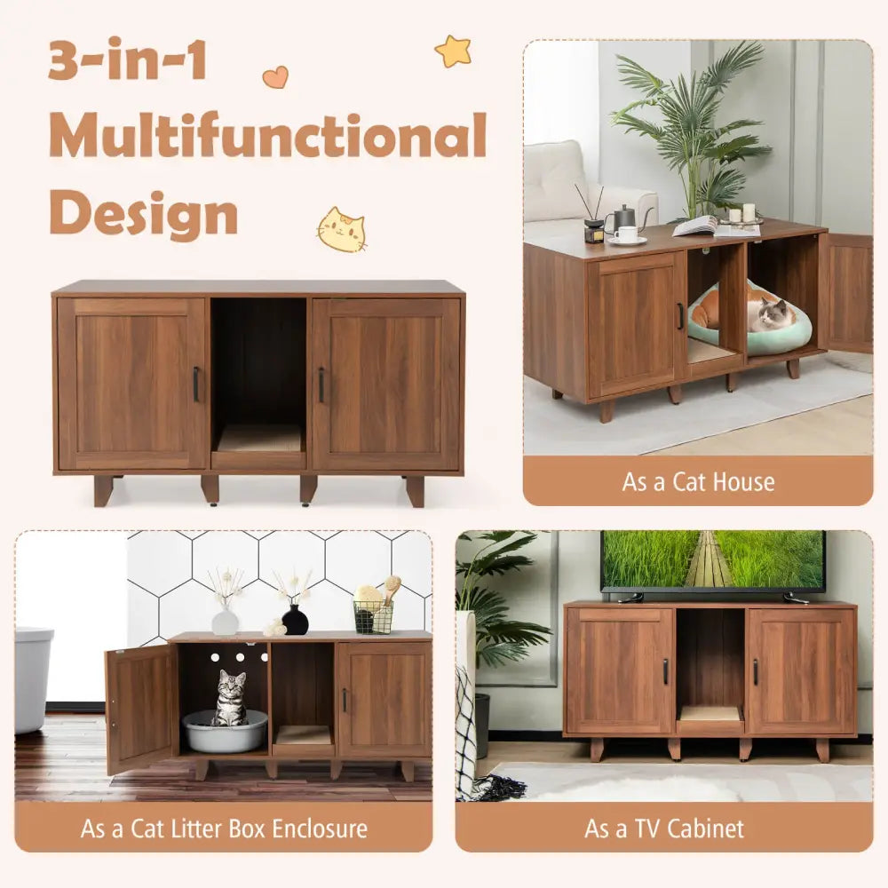Patented 2-Door Cat Litter Box Enclosure with Winding Entry and Scratching Board-Brown - Brown - Cat Houses