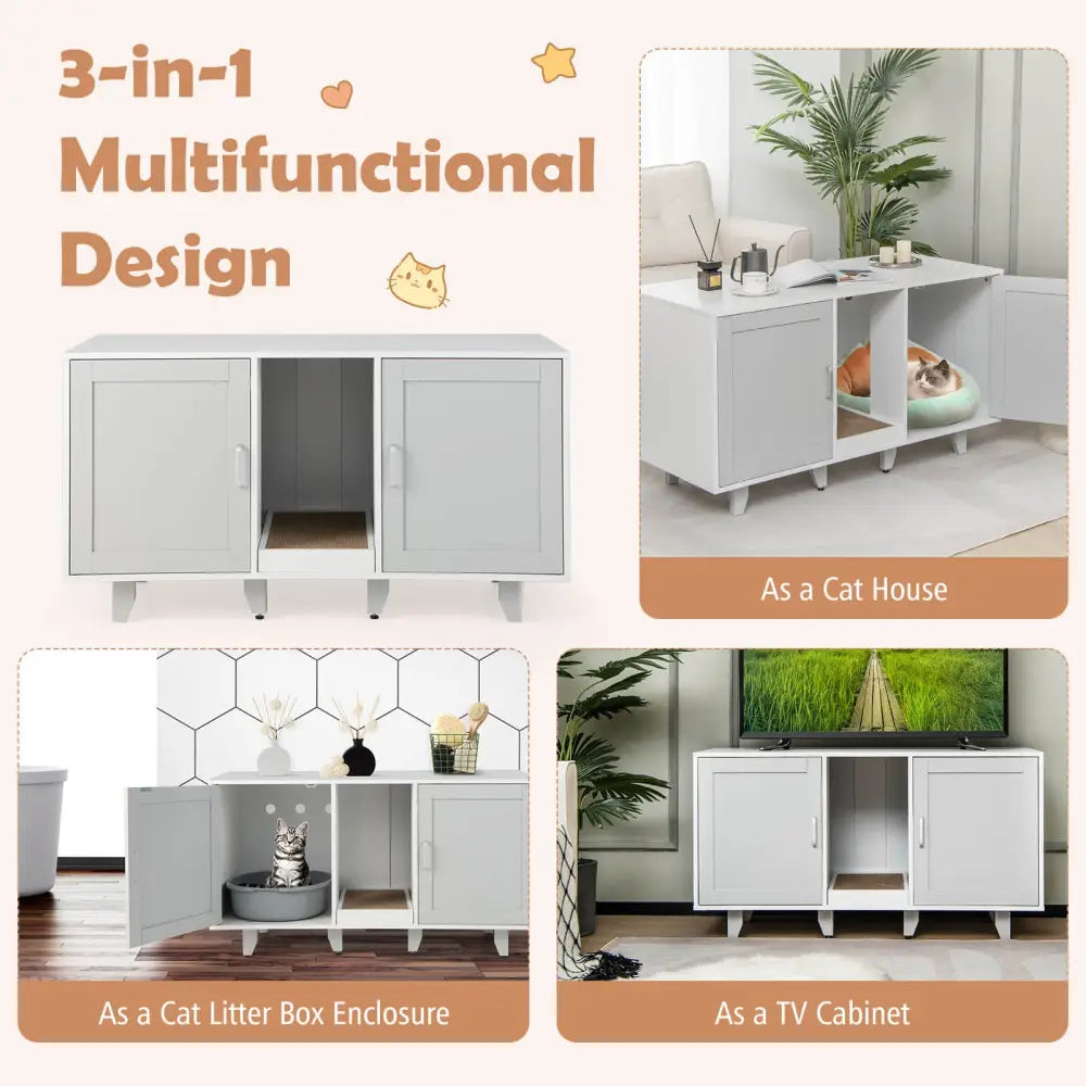 Patented 2-Door Cat Litter Box Enclosure with Winding Entry and Scratching Board-Gray - Gray - Cat Houses