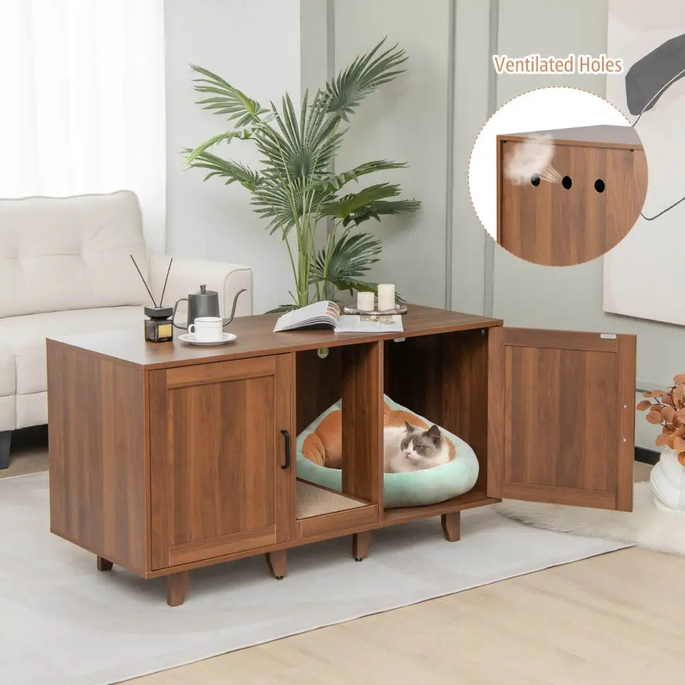 Patented 2-Door Cat Litter Box Enclosure with Winding Entry and Scratching Board-Brown - Brown - Cat Houses