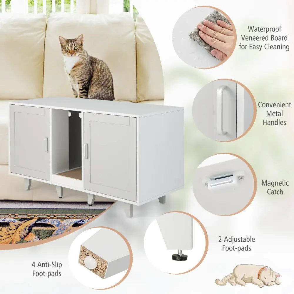 Patented 2-Door Cat Litter Box Enclosure with Winding Entry and Scratching Board-Gray - Gray - Cat Houses