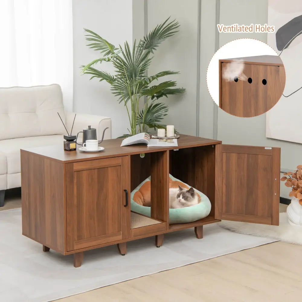 Patented 2-Door Cat Litter Box Enclosure with Winding Entry and Scratching Board-Brown - Brown - Cat Houses