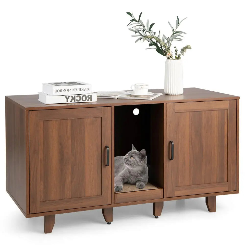 Patented 2-Door Cat Litter Box Enclosure with Winding Entry and Scratching Board-Brown - Brown - Cat Houses