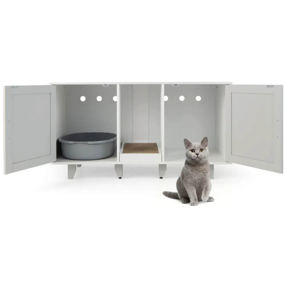 Patented 2-Door Cat Litter Box Enclosure with Winding Entry and Scratching Board-Gray - Gray - Cat Houses