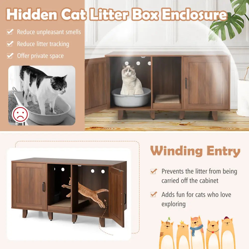 Patented 2-Door Cat Litter Box Enclosure with Winding Entry and Scratching Board-Brown - Brown - Cat Houses