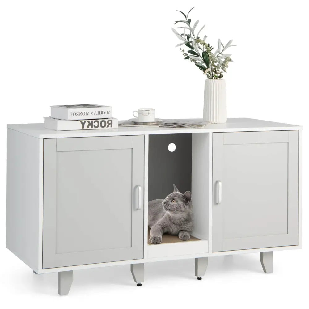 Patented 2-Door Cat Litter Box Enclosure with Winding Entry and Scratching Board-Gray - Gray - Cat Houses