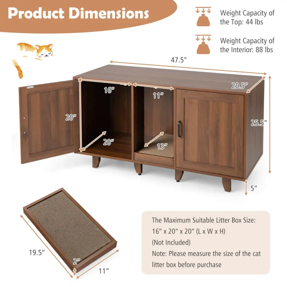 Patented 2-Door Cat Litter Box Enclosure with Winding Entry and Scratching Board-Brown - Brown - Cat Houses