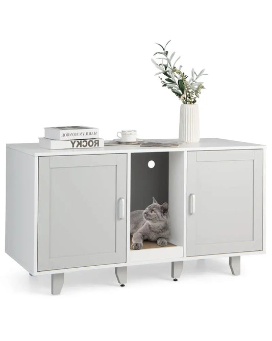 Patented 2-Door Cat Litter Box Enclosure with Winding Entry and Scratching Board-Gray - Gray - Cat Houses