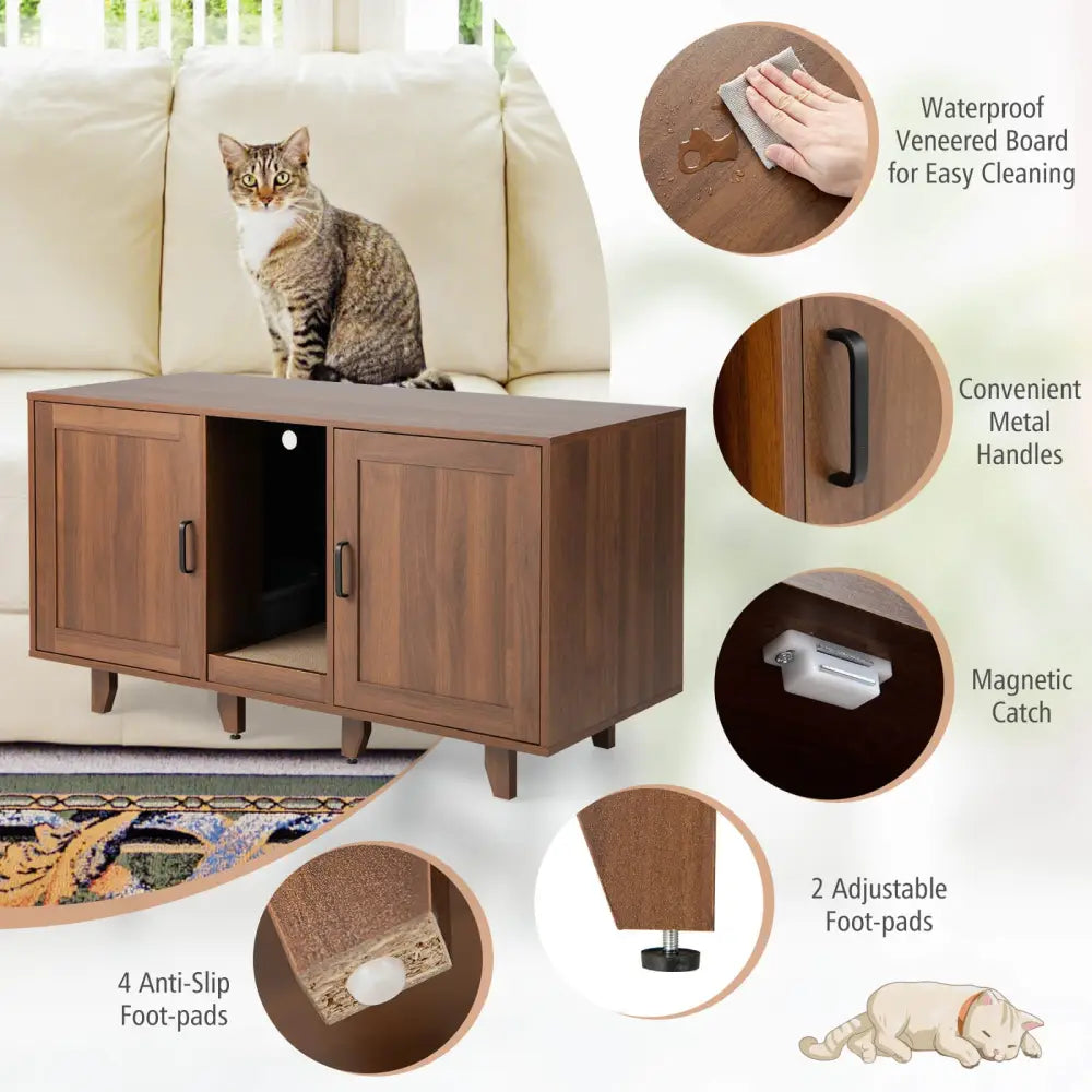Patented 2-Door Cat Litter Box Enclosure with Winding Entry and Scratching Board-Brown - Brown - Cat Houses